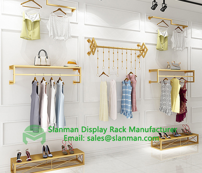 Fashion Gold Garment Metal Wall Mounted Hanging Rail Display Rack Retail Clothing Shop Fittings Interior Design