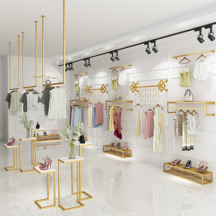 Fashion Gold Garment Metal Wall Mounted Hanging Rail Display Rack Retail Clothing Shop Fittings Interior Design 