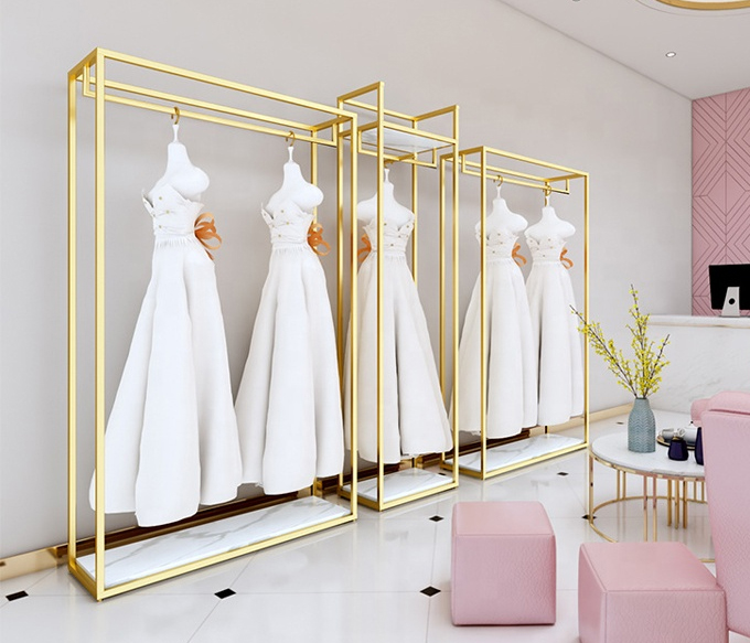 Commercial Retail Boutique Store Decoration Shiny Gold Metal Boutique Dresses Shop Wedding Display Stand For Dress display