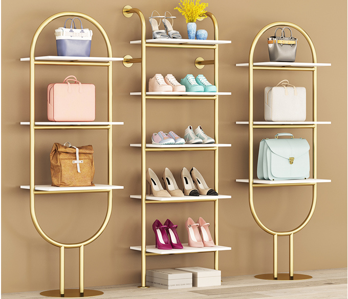 best selling multi-layer shop furniture metal display stand Glossy stainless steel gold shoe bag display rack display shelf
